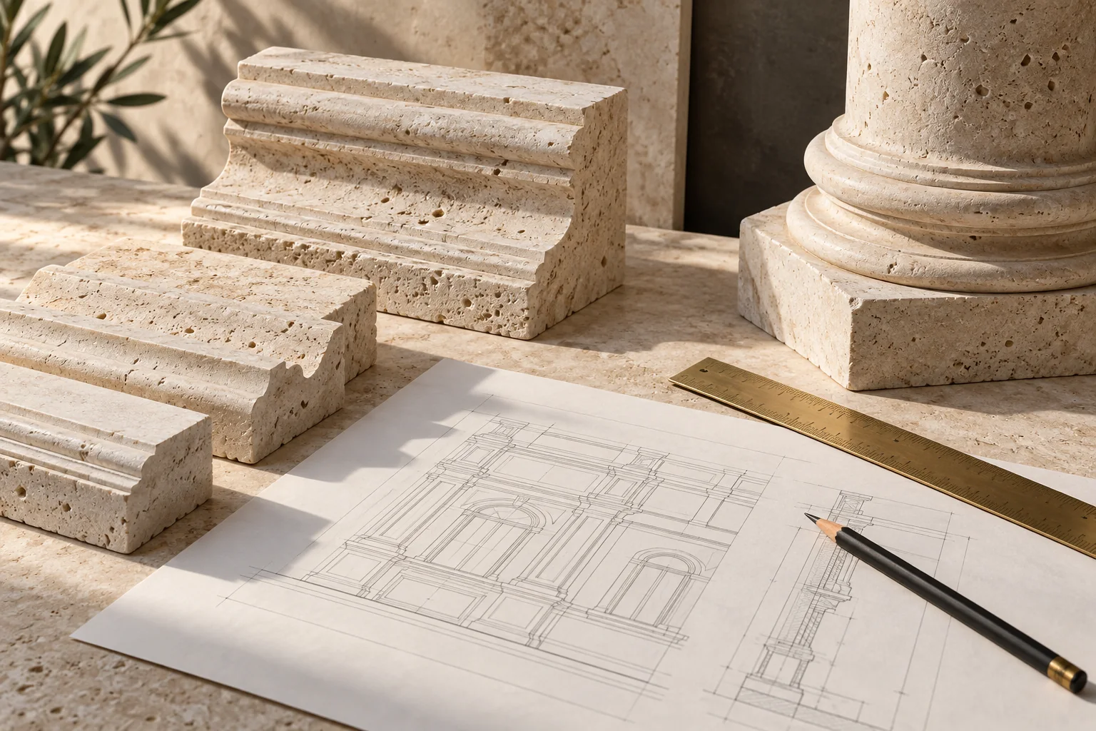 تصویر مفهومی قطعات سنگی، برگه طراحی نما و ابزار اندازه‌گیری برای مقایسه پیش‌فاکتور