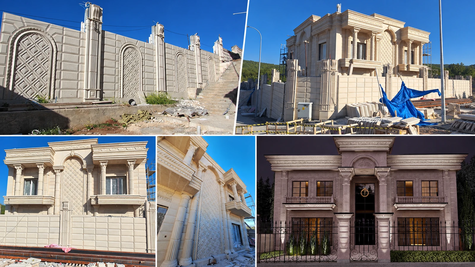 کلاژ ارسالی فرگاه از نما، ستون‌ها و دیوار محوطهٔ پروژهٔ ترکیه
