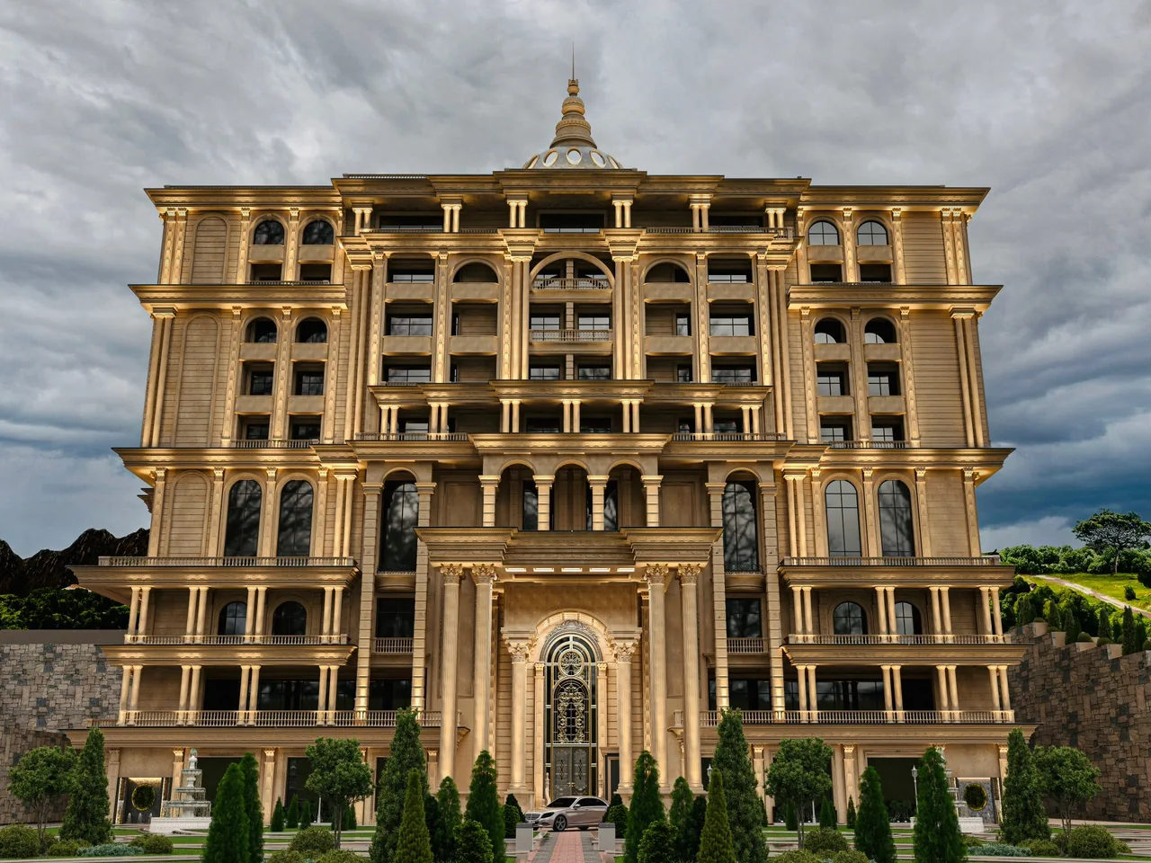 رندر معماری نمای سنگی فرگاه، طرح 3